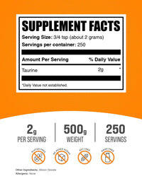 Thumbnail for BulkSupplements.com Taurine Powder - Taurine Supplement, Amino Acid Supplement for Energy - Unflavored & Gluten Free, 2g per Serving, 500g (1.1 lbs) (Pack of 1)