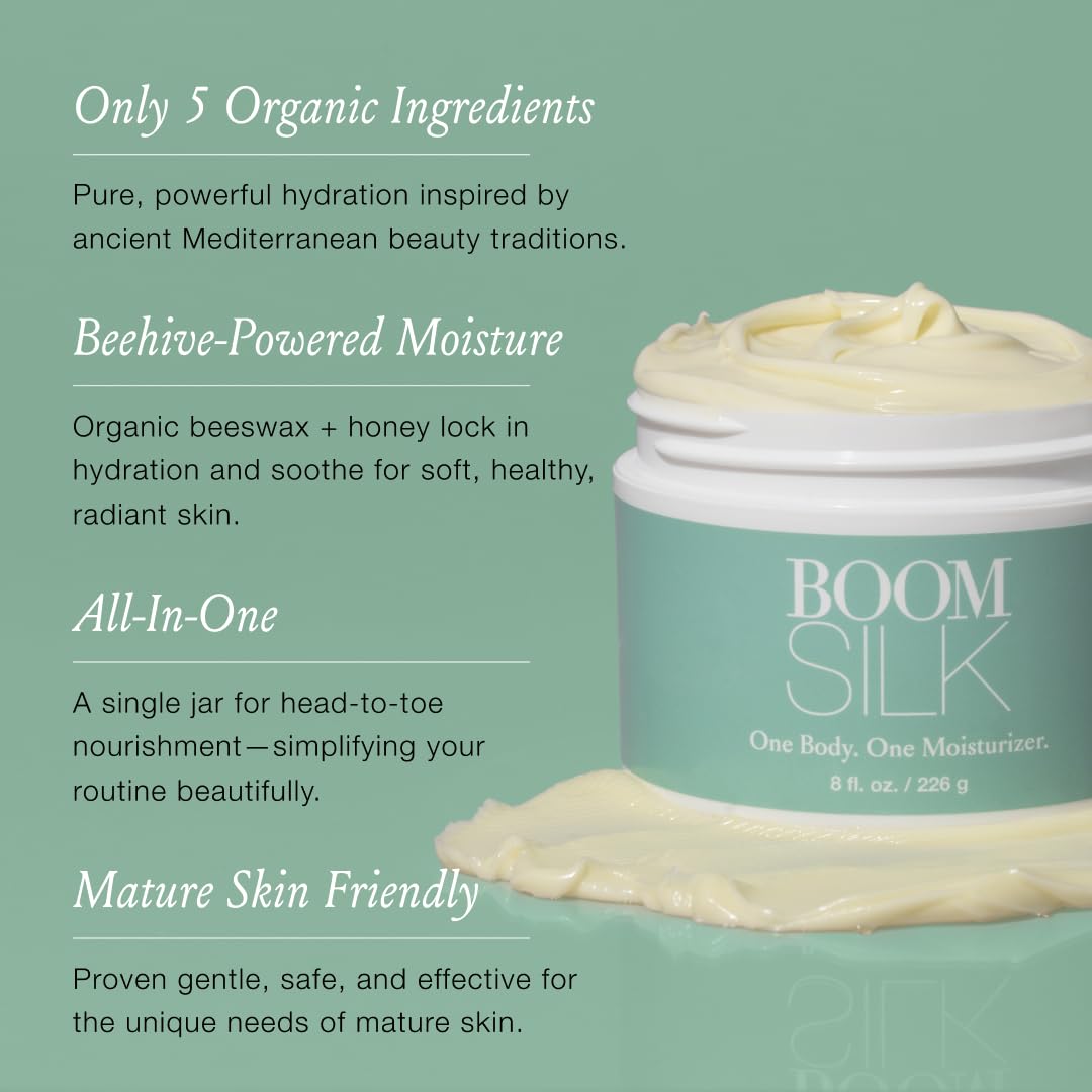 Boomsilk ® Face Moisturizer Cream, Rejuvenating Face Lotion & Facial Moisturizer for Mature Skin with Olive Oil, Beeswax & Honey, Hydrating Body Lotion for Women, Boom Beauty by Cindy Joseph, 4 oz