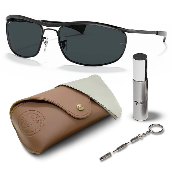 Ray-Ban RB3119M OLYMPIAN I DELUXE Oval Shaped Non-Polarized Sunglasses for Men & Women – Includes Official RAYBAN Eyewear Kit – Ideal Formal & Casual Wear Sunglasses – blue Lens