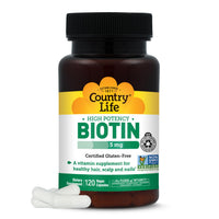 Thumbnail for Country Life Biotin High Potency, 5mg, 120 Count, Certified Gluten Free, Certified Vegan, Verified Non GMO