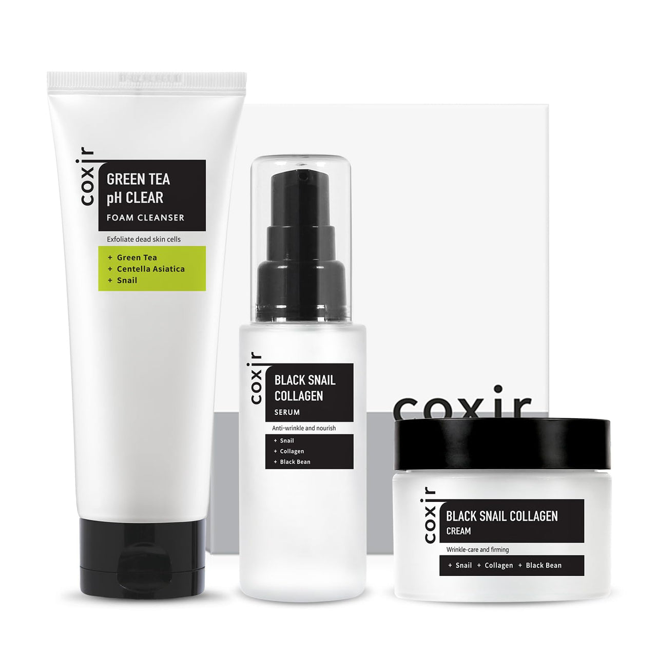 coxir Black Snail Korean Skin Care Gift Set – Snail Mucin Cleanser, Serum & Cream | Hydrating & Repairing Face Set | Korean Beauty Skincare Gift for Women, Holiday & Christmas Gift Set
