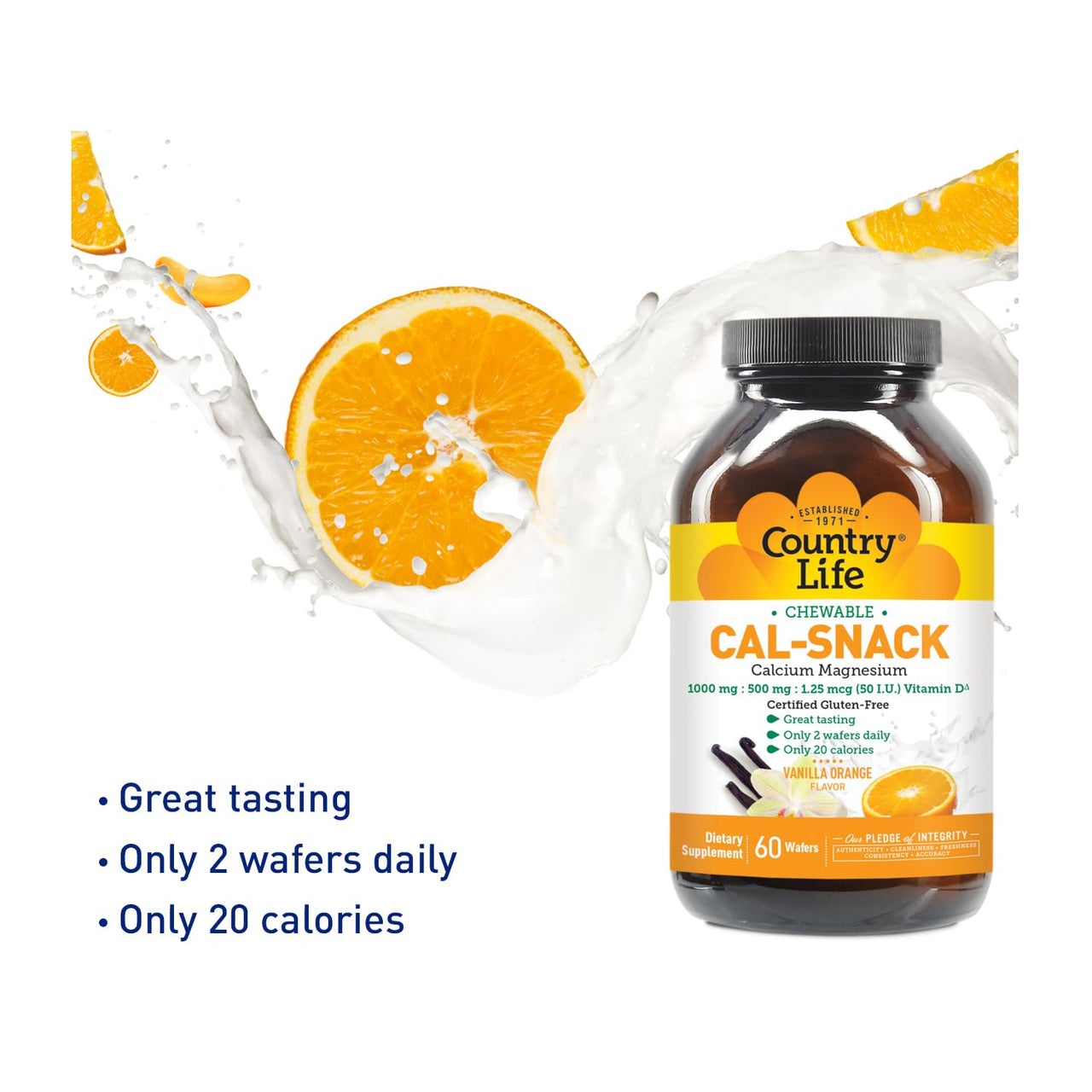 Country Life Cal-Snack, Chewable Calcium, Magnesium with Vitamin D, 1000mg/500mg/50 IU, Dairy-Free, Vanilla Orange Flavor, 60 Wafers, Certified Gluten Free, Certified Vegan