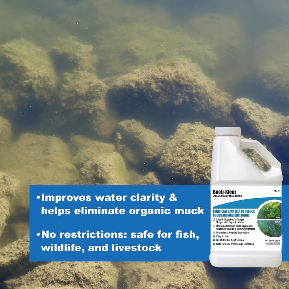 Bacti-Klear Biological Pond Treatment 1 Gallon Liquid Microbial Blend for Muck, Sludge and Odor Removal, Safe for Fish, Wildlife and Pets, Enzyme-Enhanced Bacteria