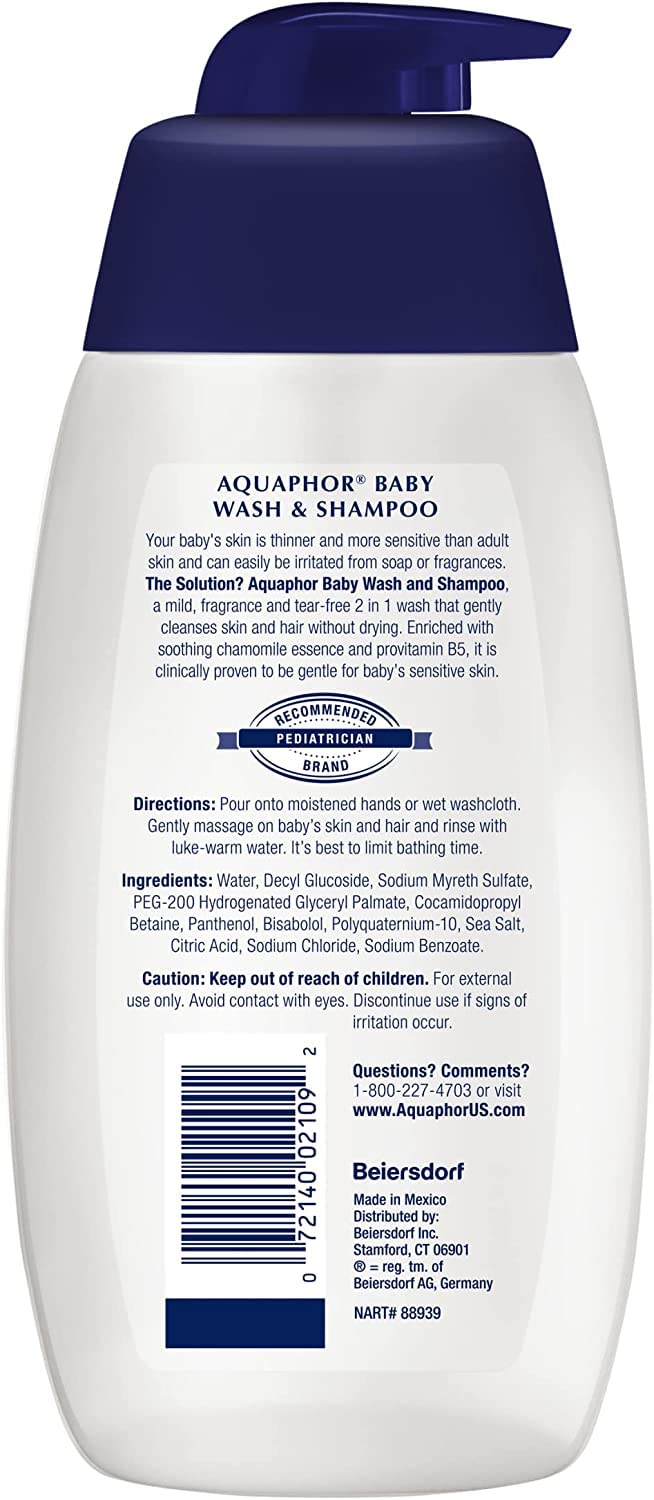Aquaphor Baby Wash and Shampoo - Mild, Tear-free 2-in-1 Solution for Baby’s Sensitive Skin - 16.9 fl. oz. Pump - Pack of 2