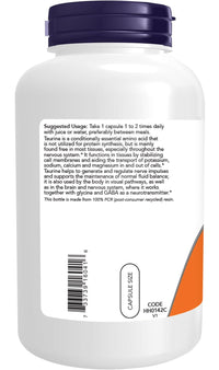 Thumbnail for NOW Foods Supplements, Taurine 1,000 mg, Double Strength, Nervous System Health*, 200 Veg Capsules