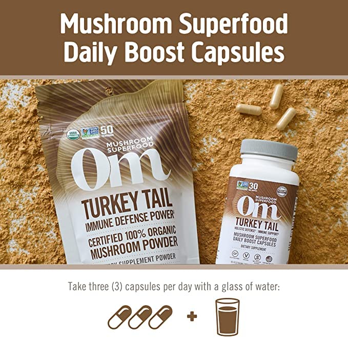 Om Mushroom Superfood Turkey Tail Mushroom Capsules Superfood Supplement, 90 Count, 30 Days, Immune Support, Polysacchrides, Beta-Glucans, Gut Health & Holistic Defense Mushroom Supplement