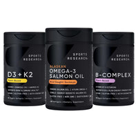 Thumbnail for Sports Research® Supplements Pack - Omega 3 Salmon Oil + Vegan Vitamin D 5000iu & Mk7 Vitamin K 100mcg + Vitamin B-Complex