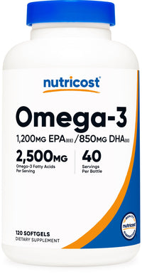 Thumbnail for Nutricost Omega 3 Fish Oil - 2500MG, 120 Softgels (40 Serv) - Fish Oil, Wild Caught! 1200mg EPA 850mg DHA - Non-GMO, Gluten Free