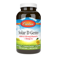 Thumbnail for Carlson - Solar D Gems, Vitamin D3 and Omega-3 Supplement, 6000 IU (150 mcg) Vitamin D3, 115 mg Omega-3s EPA and DHA Supplement, Wild Caught, Sustainably Sourced, Lemon, 360 Softgels