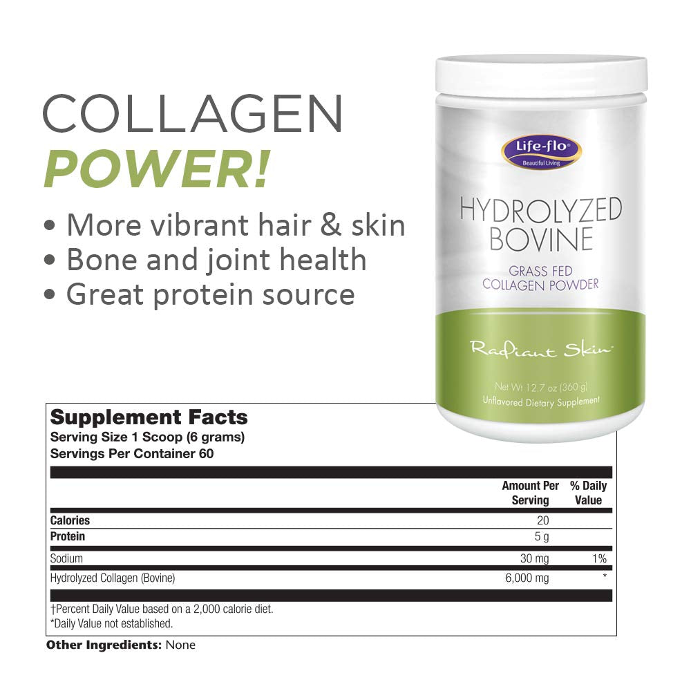 LifeFlo Hydrolyzed Bovine Collagen, Grass Fed | Supports Vibrant Skin & Hair, Bone & Joint Health | 12.7oz, 60 Serv.