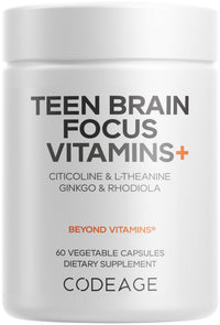 Thumbnail for Codeage Teen Brain Focus Vitamins+ Citicoline Cognizin, L-Theanine, Ginkgo, Rhodiola, Lavender, Magnesium, Vitamin B6, B12, Folate - 2-Month Supply - 12-18 Years - Liposomal Supplement - 60 Capsules