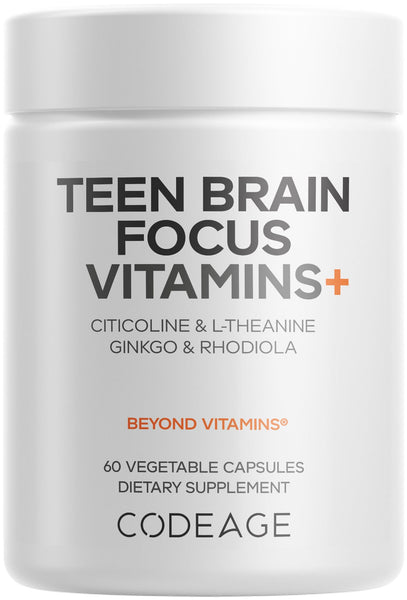 Codeage Teen Brain Focus Vitamins+ Citicoline Cognizin, L-Theanine, Ginkgo, Rhodiola, Lavender, Magnesium, Vitamin B6, B12, Folate - 2-Month Supply - 12-18 Years - Liposomal Supplement - 60 Capsules