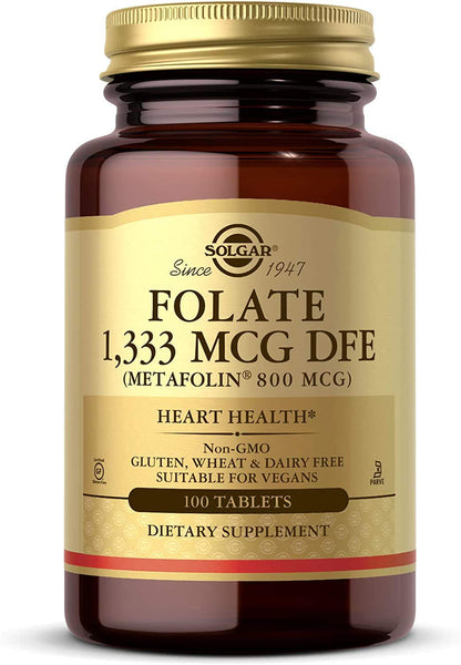 Solgar Folate 1,333 mcg DFE, 100 Tablets - 800 mcg Bio-Active Metafolin - Heart Health - Non-GMO, Vegan, Gluten Free, Dairy Free, Kosher - 100 Servings