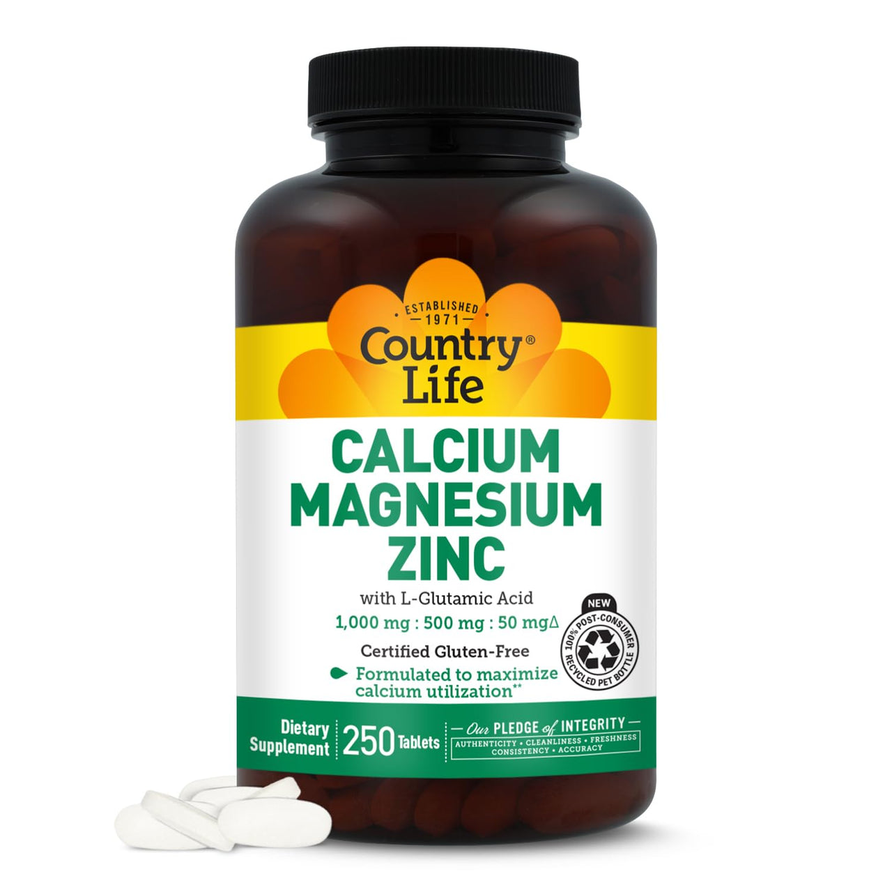 Country Life Calcium Magnesium Zinc with L-Glutamic Acid, Dietary Supplement for Bone Support, Certified Gluten Free , 1000mg/500mg/50mg, 250 Tablets