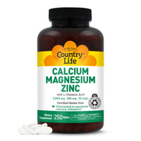 Thumbnail for Country Life Calcium Magnesium Zinc with L-Glutamic Acid, Dietary Supplement for Bone Support, Certified Gluten Free , 1000mg/500mg/50mg, 250 Tablets