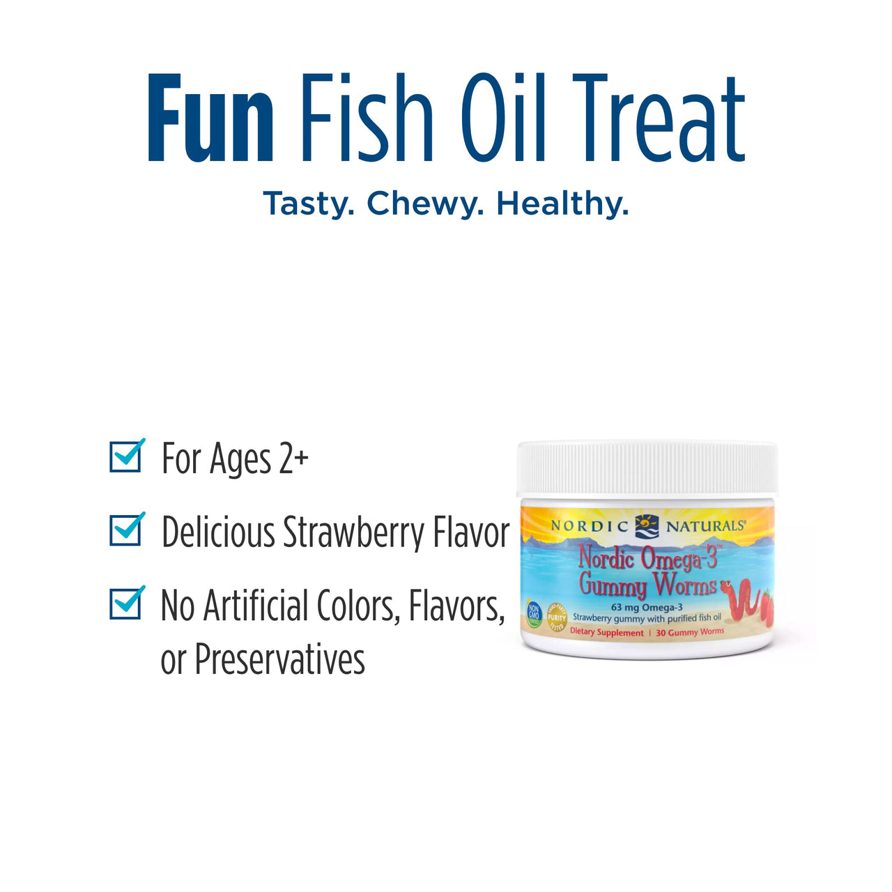 Nordic Naturals Nordic Omega-3 Gummy Worms, Strawberry - 30 Gummy Worms - 63 mg Total Omega-3s with EPA & DHA - - 30 Servings