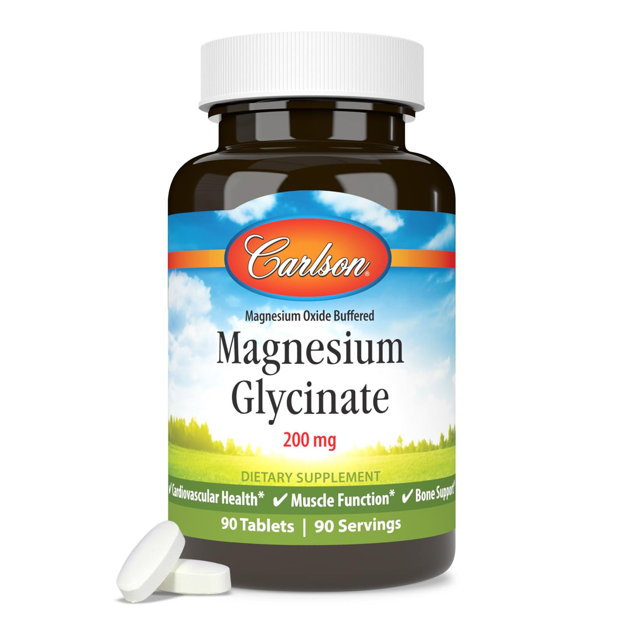 Carlson Buffered Magnesium Glycinate 200 mg, High Absorption Magnesium Supplement, Supports Relaxation, Sleep & Muscle Function, 90 Tablets