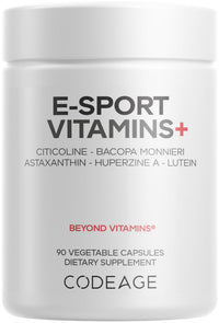 Thumbnail for Codeage E-Sport Vitamins+ Citicoline Cognizin, Bacopa Monnieri Supplement, Multivitamins, Astaxanthin, L-Theanine, Ginkgo Biloba, Acetyl-L-Tyrosine, Huperzine A, Lutein, Esport Gaming - 90 Capsules