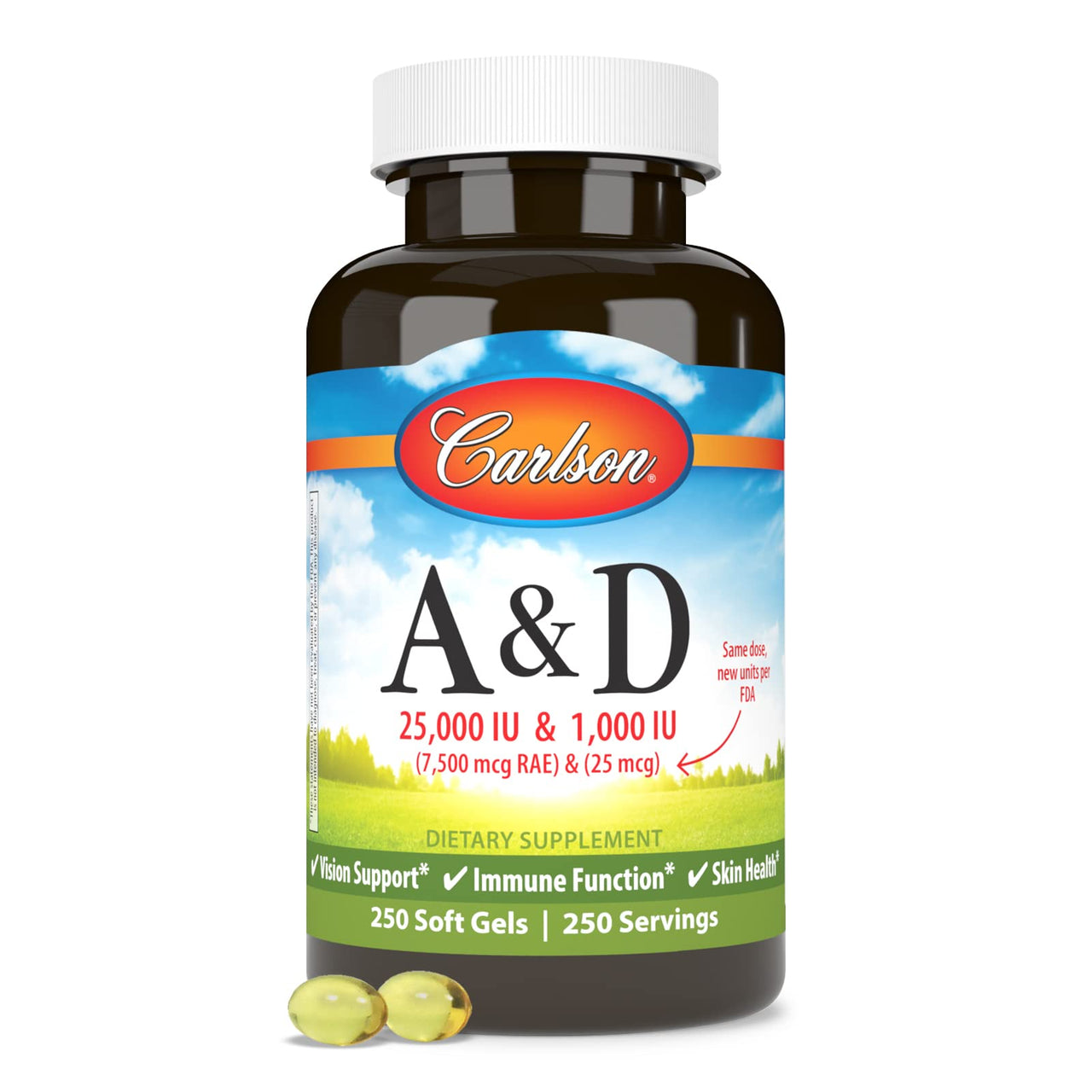 Carlson - A & D, 25000 IU (7500 mcg RAE) Vitamin A, 1000 IU (25 mcg) Vitamin D, Vision Support, Skin Health, 250 Softgels