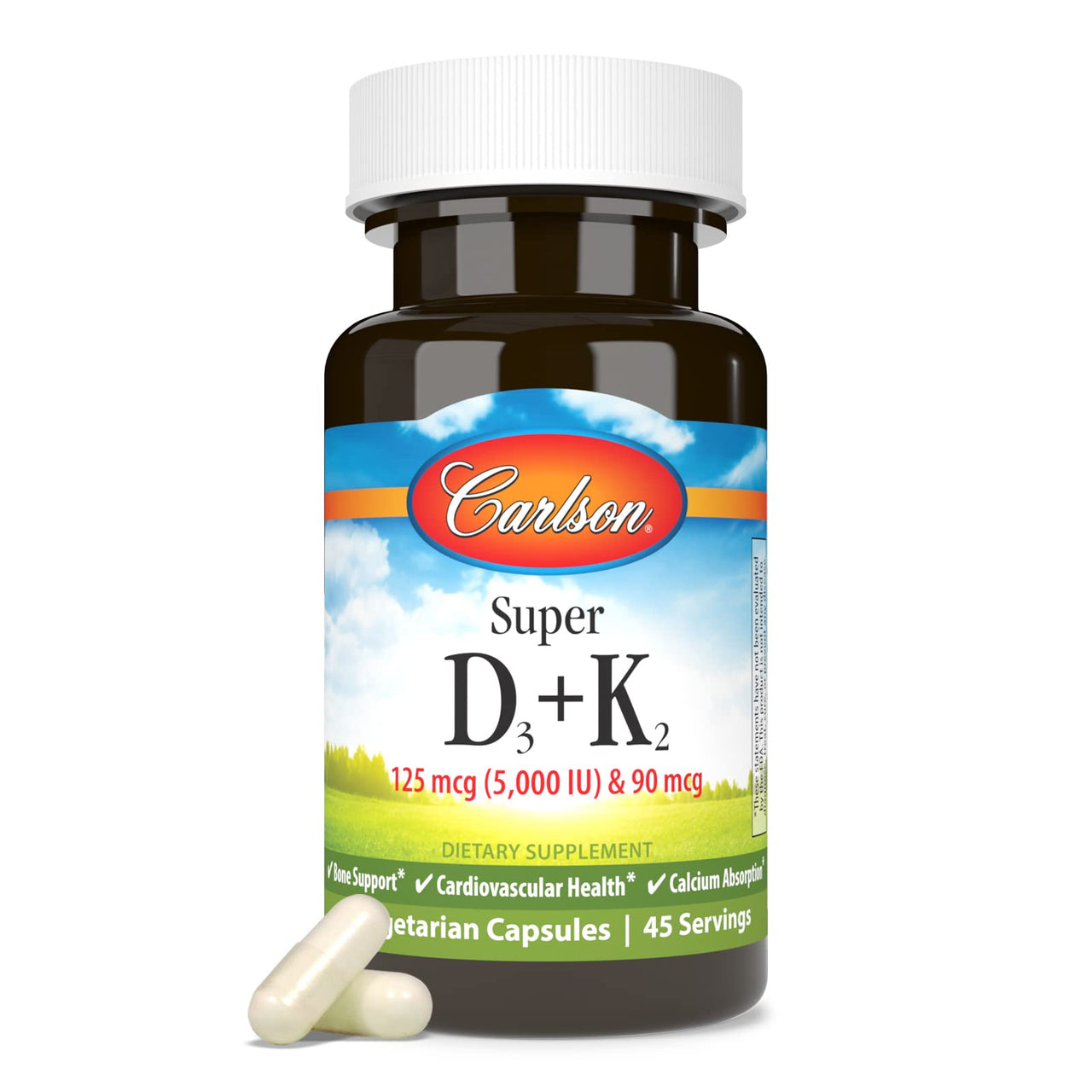 Carlson - Super D3 + K2, 125 mcg (5000 IU) Vitamin D3, 90 mcg Vitamin K2 as MK-7, Bone Support, Calcium Absorption, 45 Vegetarian Capsules