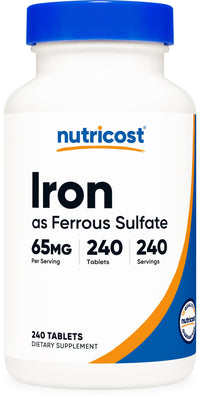 Thumbnail for Nutricost Iron (As Ferrous Sulfate) 65mg, 240 Tablets - Non-GMO, Gluten Free