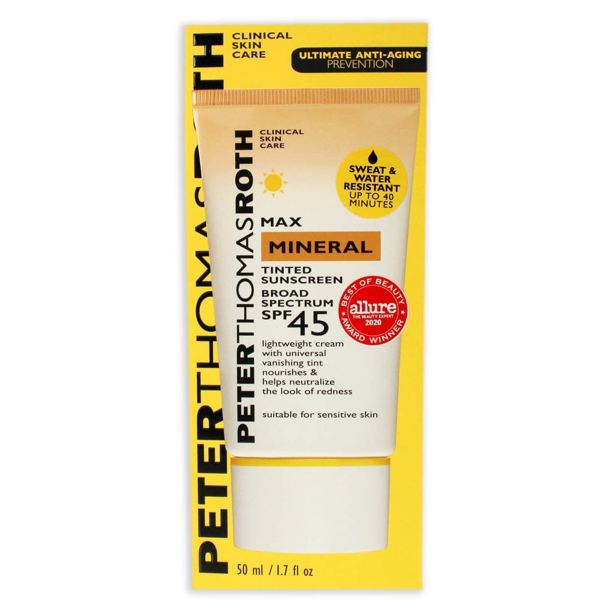 Peter Thomas Roth | Max Mineral Tinted Sunscreen Broad Spectrum SPF 45 | Tinted Moisturizer with SPF, Water-Resistant Mineral Sunscreen For Sensitive Skin, 1.7 Fl Oz