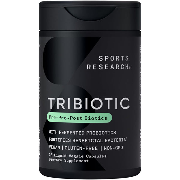 Sports Research® Tribiotic, 3-in-1 Tribiotic - Fermented Gut Health Tribiotic with 10 Billion CFU - Supports Digestion, Microbiome Support - Non-GMO, Vegan & Gluten Free - 30 Liquid Veggie Capsules