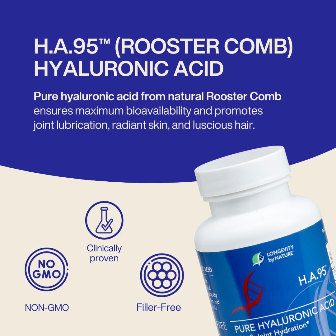 Longevity by Nature H.A.95 Hyaluronic Acid Supplements, Antioxidant, Skin Hydration, Eye, Joint, Natural Rooster Comb, 60 Capsules