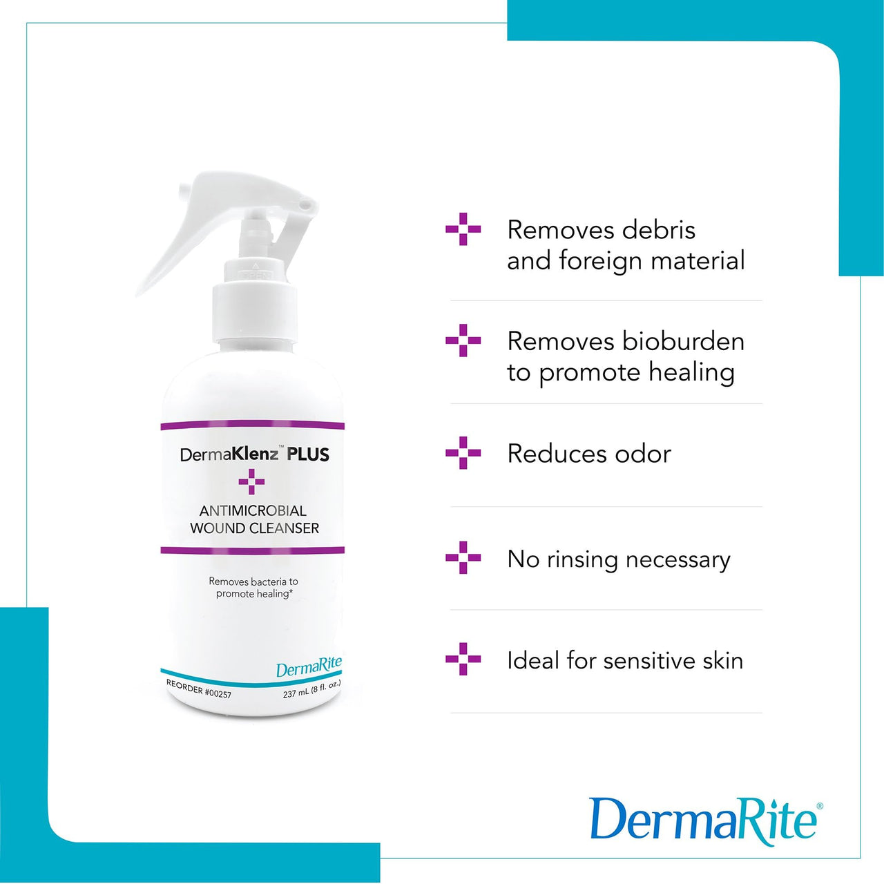 DermaRite's DermaKlenz PLUS Wound Cleanser - Rinse-Free Gentle Cleansing, Helps Clear Wound Debris, Promotes Healing with HOCL - Spray Bottle, 8 oz., 1 Count