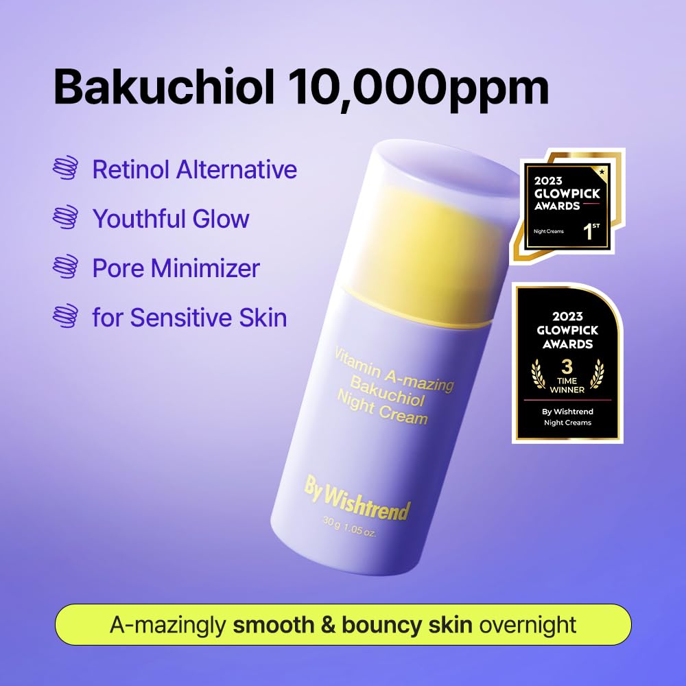 BY WISHTREND Vitamin A-mazing Bakuchiol (10,000ppm) Night Cream | Retinal (300ppm), Peptide, Collagen, Ceramide NP, Centella Asiatica, moistfully plump overnight skincare (0.35 Ounce (Pack of 1))