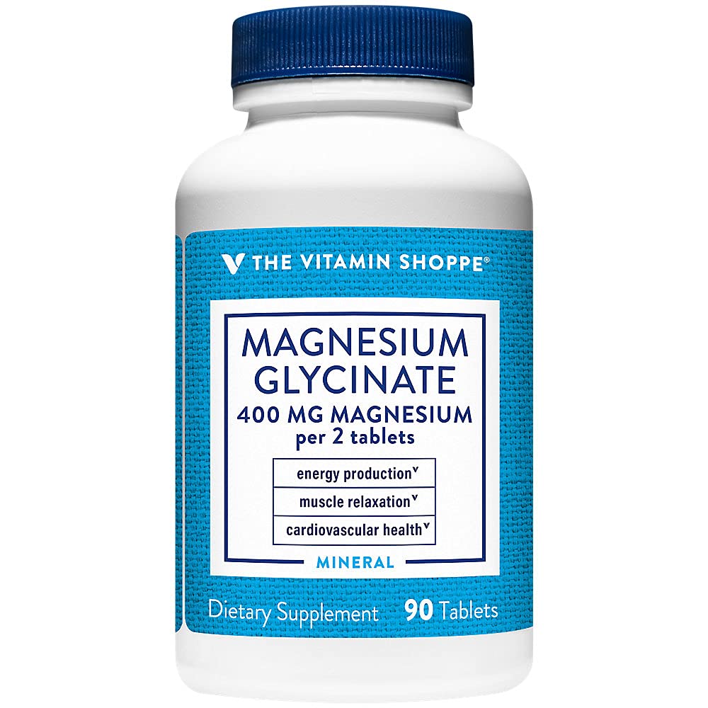 The Vitamin Shoppe Magnesium Glycinate 400MG - Supports Energy Production, Promotes Muscle Relaxation, and Enhances Heart Health for Overall Wellness (90 Tablets)