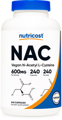 Thumbnail for Nutricost N-Acetyl L-Cysteine (NAC) 600mg, 240 Vegetarian Capsules - Vegan, Non-GMO, Gluten Free