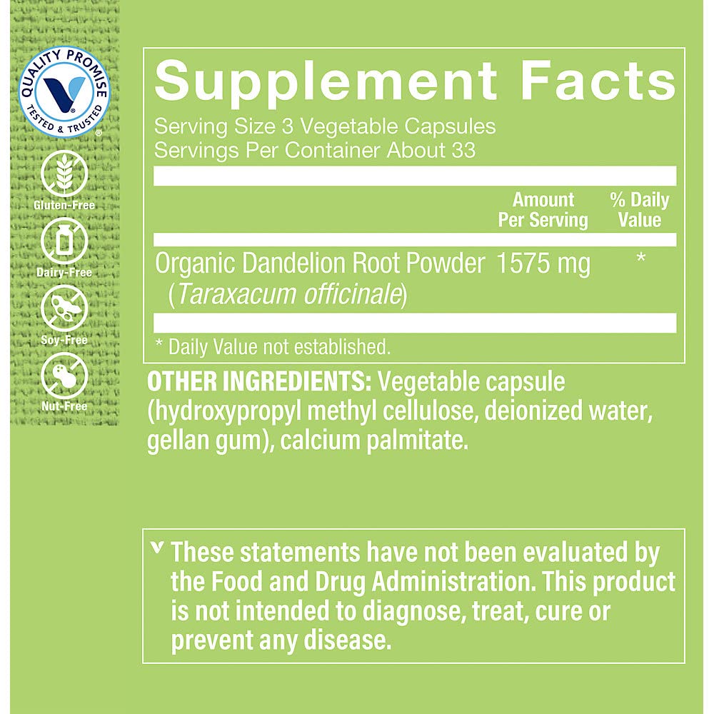 Dandelion Root a" Diuretic Herb for Digestive & Liver Support (100 Vegetable Capsules)