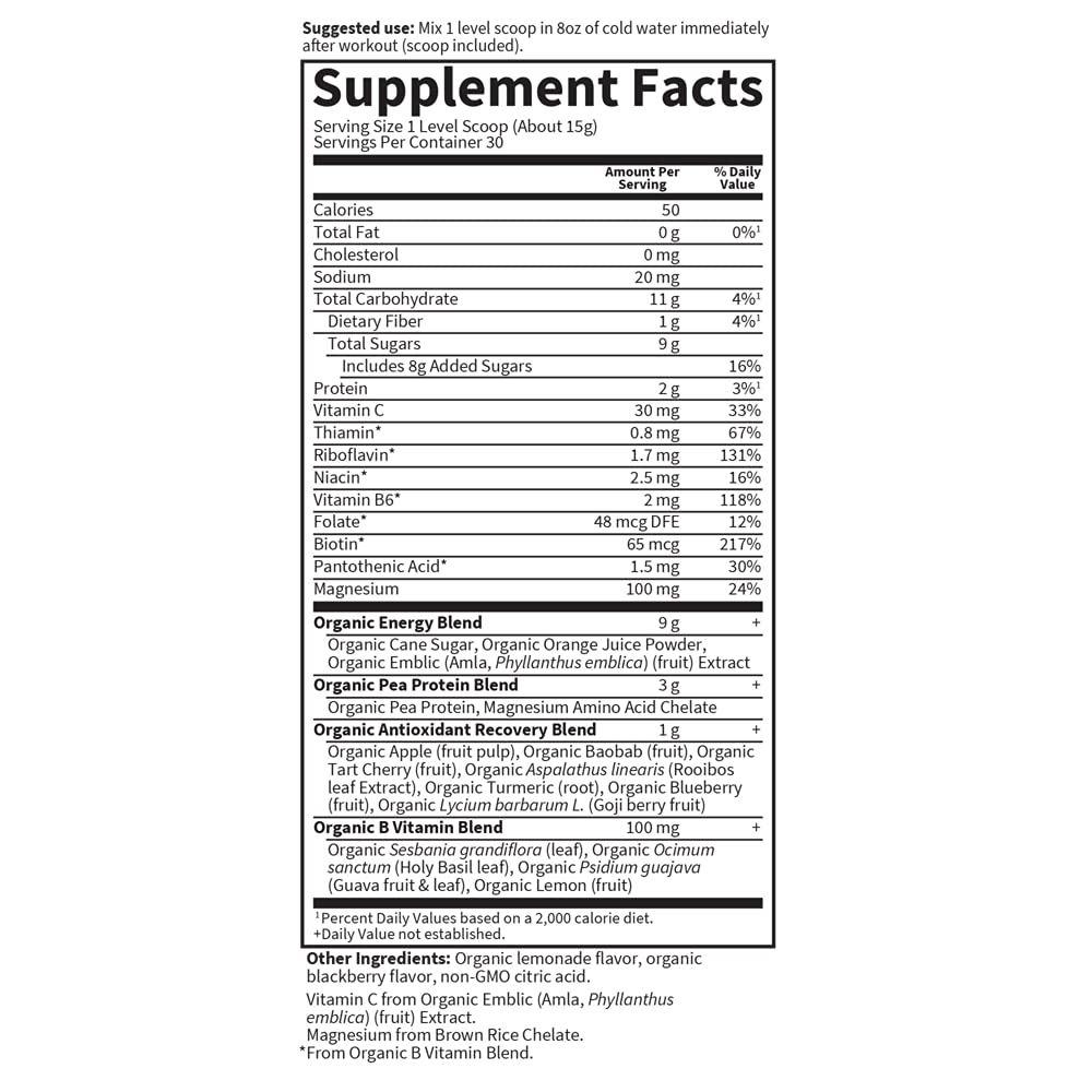 Garden of Life Sport Organic Plant-Based Recovery Powder – Muscle Recovery Supplement for Women & Men with Vitamins and Magnesium, Non-GMO, Gluten-Free, BlackBerry Lemonade Flavor, 30 Servings