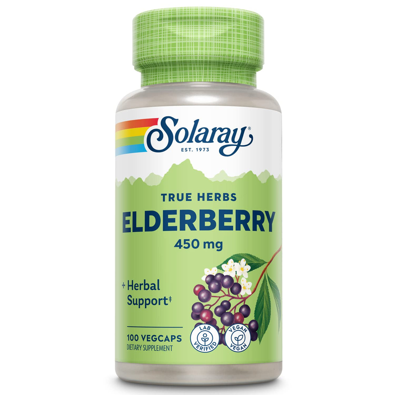 SOLARAY Elderberry Capsules 450mg - Herbal Supplements for Wellness Support - with Sambucus Elderberries Berry and Flower - Non-GMO, Vegan, Gluten Free, Lab Verified, 60-Day Guarantee - 100 Servings