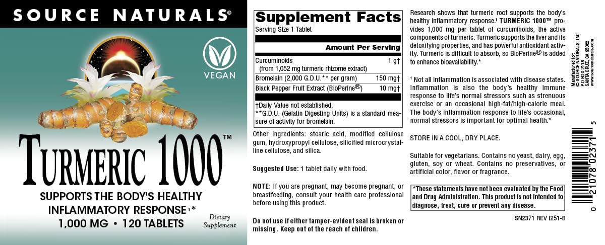 Source Naturals Turmeric 1000, Supports the Bodyâ€™s Healthy Inflammatory Response*, 1,000mg - 120 Tablets