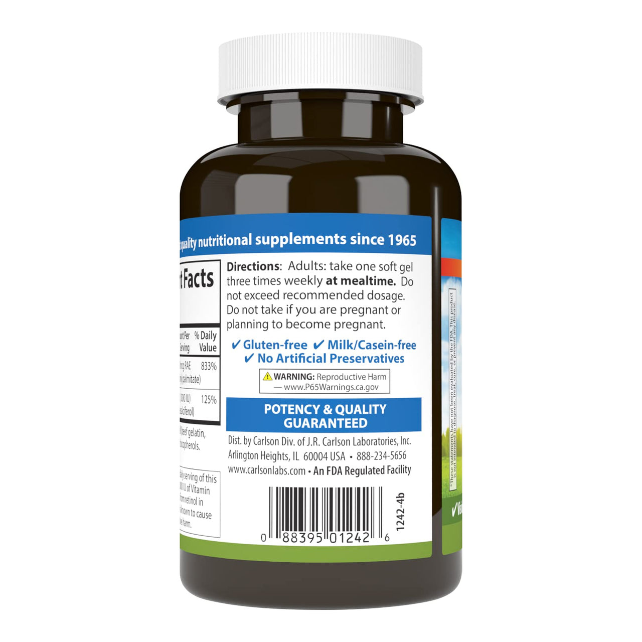 Carlson - A & D, 25000 IU (7500 mcg RAE) Vitamin A, 1000 IU (25 mcg) Vitamin D, Vision Support, Skin Health, 250 Softgels