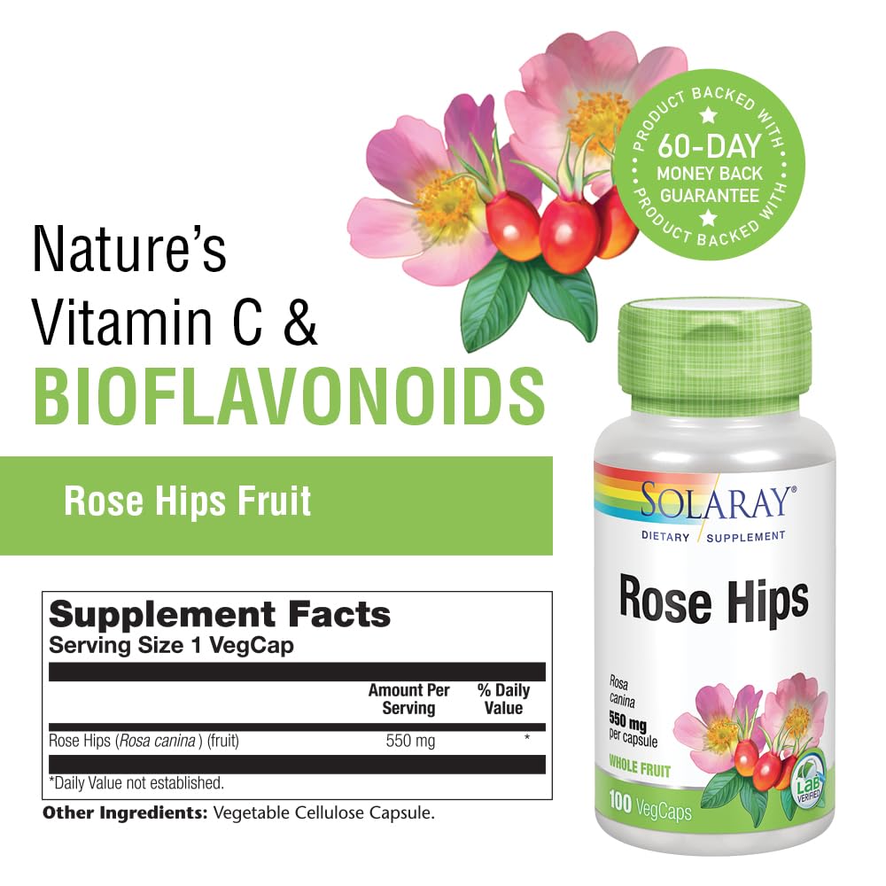 SOLARAY Rose Hips Fruit 550mg | Healthy Skin, Joints & Immune Function Support | Source of Vitamin C & Bioflavonoids | Non-GMO & Vegan | 100 VegCaps