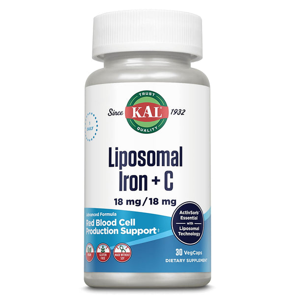 KAL Liposomal Iron Supplement with Liposomal Vitamin C, Iron Supplement for Women and Men, High Absorption, Gentle Iron Pills, Vegan, Gluten Free, 30 Servings, 30 VegCaps