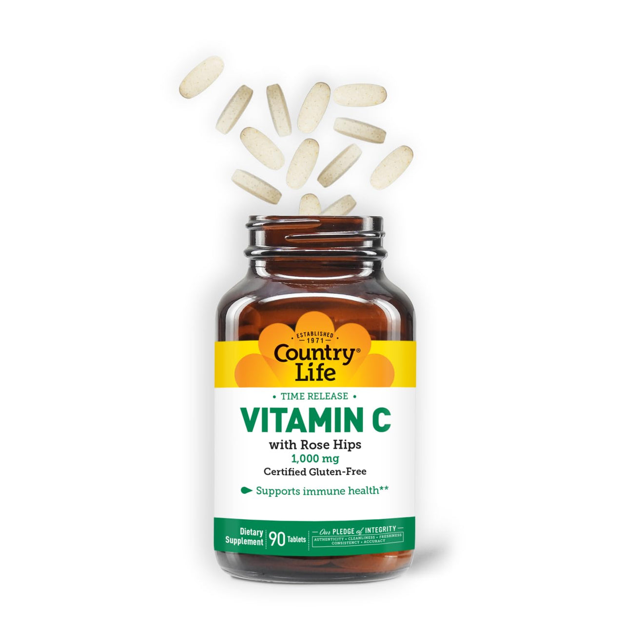 Country Life Vitamin C 1000mg with Rose Hips – Time Release Immune Support Supplement – Antioxidant Protection – Vegan, Gluten-Free, Preservative-Free – 90 Tablets