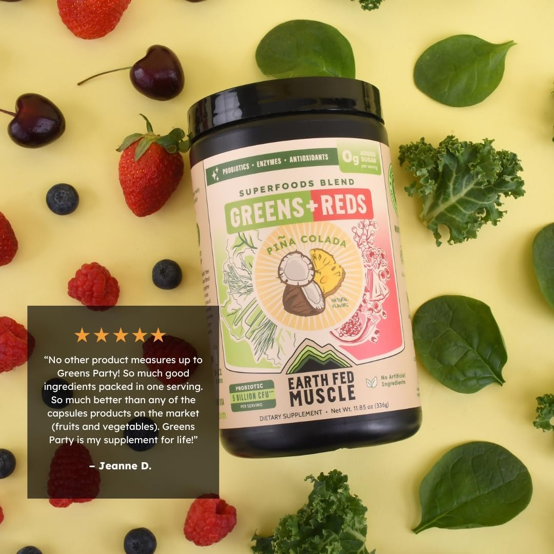 Earth Fed Muscle Superfoods Blend Reds & Greens Powder, PiÃ±a Colada Flavor, Juice & Smoothie Mix with Organic Kale, Spirulina, Wheat Grass - Detox & Cleanse, No Added Sugar - Non-GMO - 30 Servings