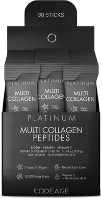 Thumbnail for Codeage Multi Collagen and Biotin 10,000 mcg + Vitamin C, B6 & D3, Keratin, Hyaluronic Acid, Niacin, 18 Amino Acids - Stick Packs Supplement - 5 Types Collagen Protein – 30 Powder Packets