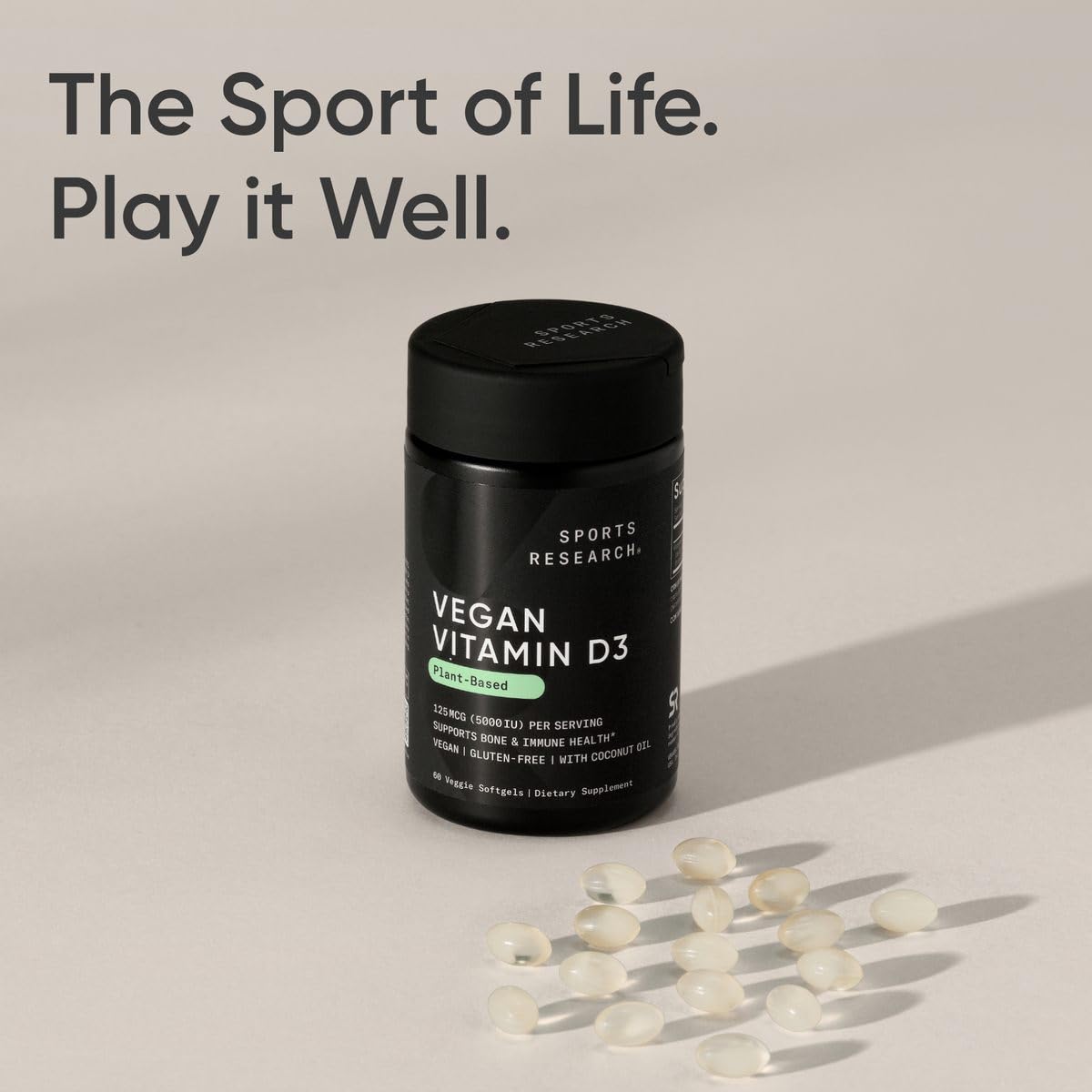 Sports Research Vegan Vitamin D3 5000IU (125 mcg) with Coconut Oil | 100% Plant-Based Vitamin D for Bone, Joint & Immune Support | Carrageenan Free, Vegan Certified & Non-GMO Verified (60 Softgels)