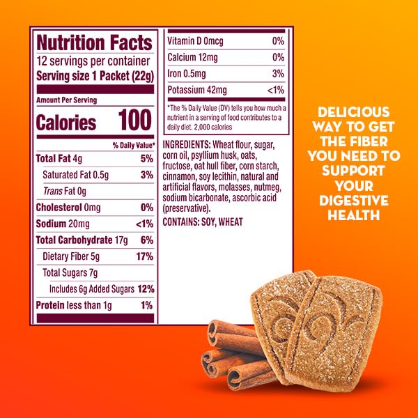 Metamucil Fiber Thins, Daily Fiber Supplement Snack, Psyllium Husk Powder, 5g Fiber per Serving, Supports Digestive Health and Satisfies Hunger, Cinnamon Spice Flavor, pack of 4, 12 Servings each