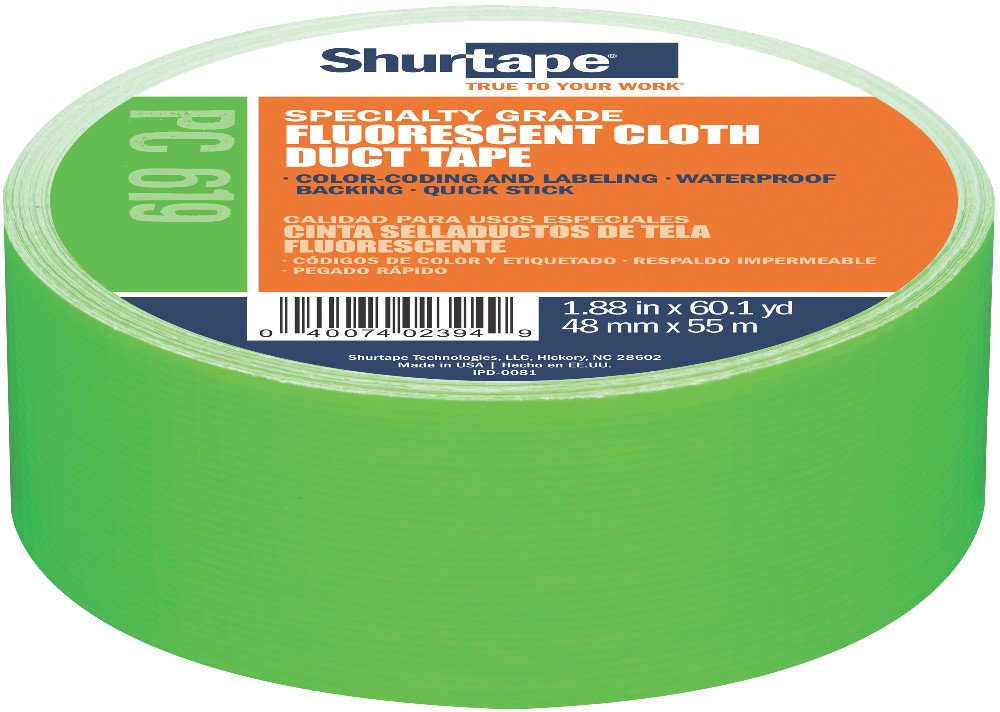 Shurtape PC 619 Specialty Grade, Fluorescent Cloth Duct Tape, Hi-Visibility Social Distancing Marking, 48mm x 55m, Fluorescent Green, 1 Roll (166122)