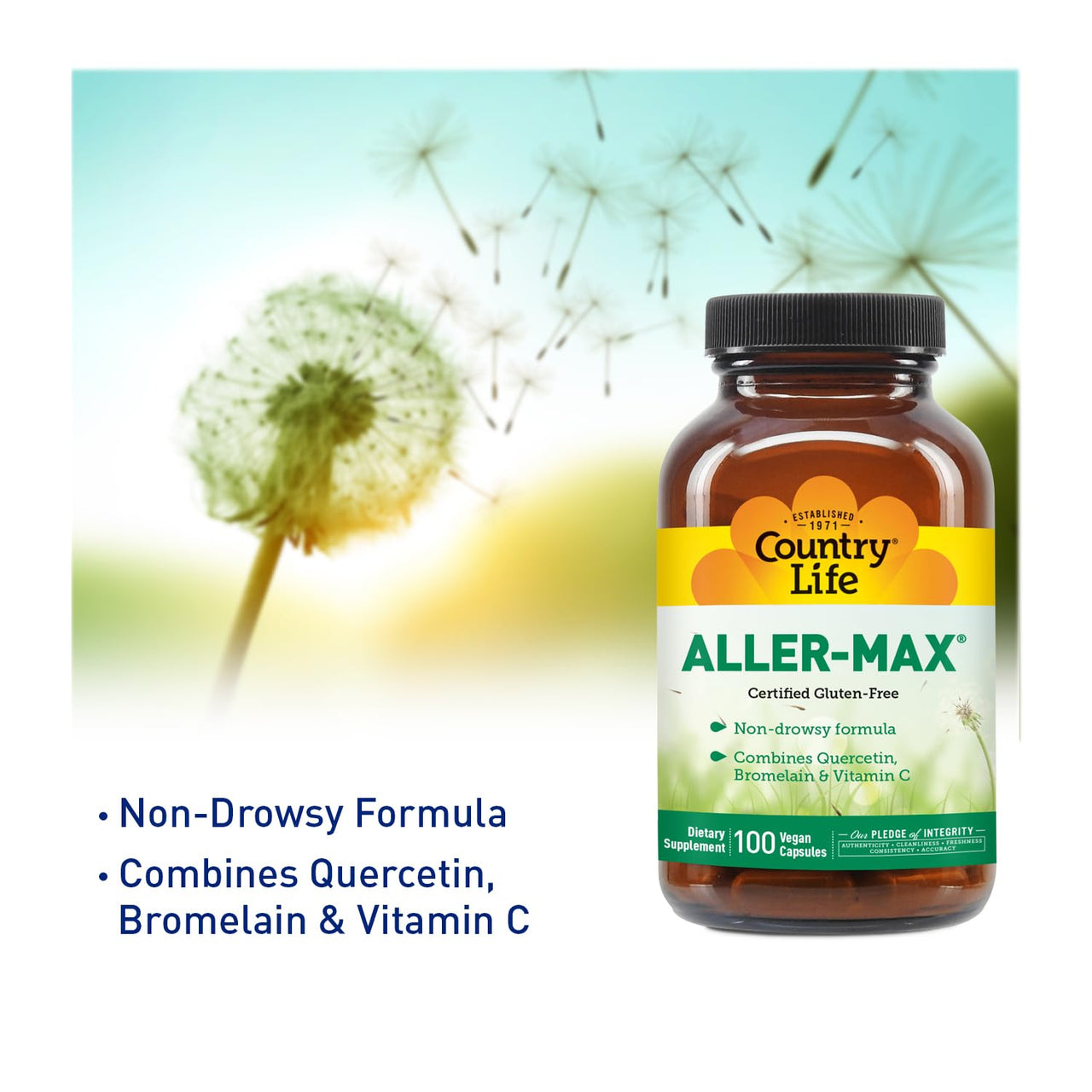 Country Life Aller-Max - Quercetin Supplements with Bromelain - Immune Support with Vitamin C, Zinc, and Botanical Blend - Certified Gluten-Free, Vegan (100 Count (Pack of 1))