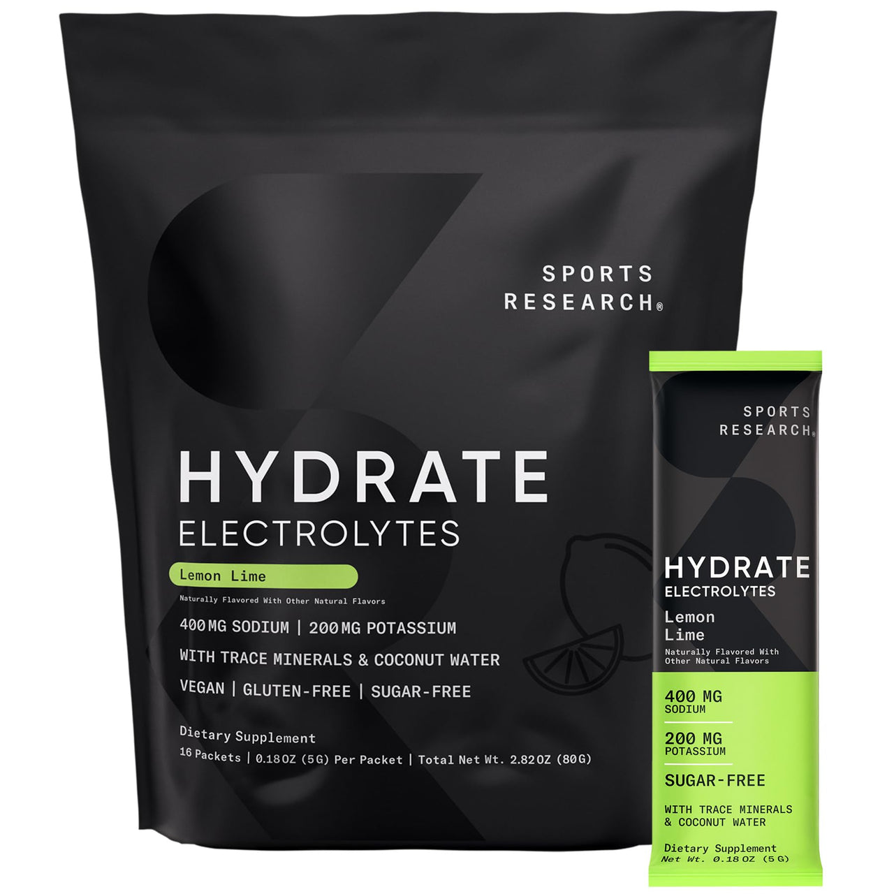 Sports Research Hydrate Electrolytes Dynamic Duo - Sugar-Free & Naturally Flavored with Vitamins, Minerals, and Coconut Water - 32 Hydration Packets of Cherry Pomegranate & Lemon Lime