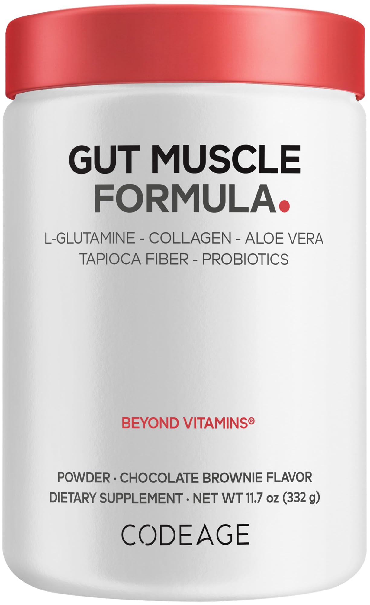 Codeage Gut Muscle Formula - L-Glutamine, Hydrolyzed Collagen, Prebiotic Fiber, Aloe Vera, Probiotics, Zinc - Sports Nutrition Supplement, Chocolate Brownie Flavored-Powder - Non-GMO - 11.7 oz