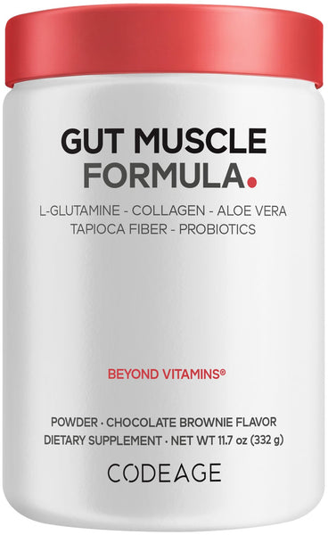 Codeage Gut Muscle Formula - L-Glutamine, Hydrolyzed Collagen, Prebiotic Fiber, Aloe Vera, Probiotics, Zinc - Sports Nutrition Supplement, Chocolate Brownie Flavored-Powder - Non-GMO - 11.7 oz