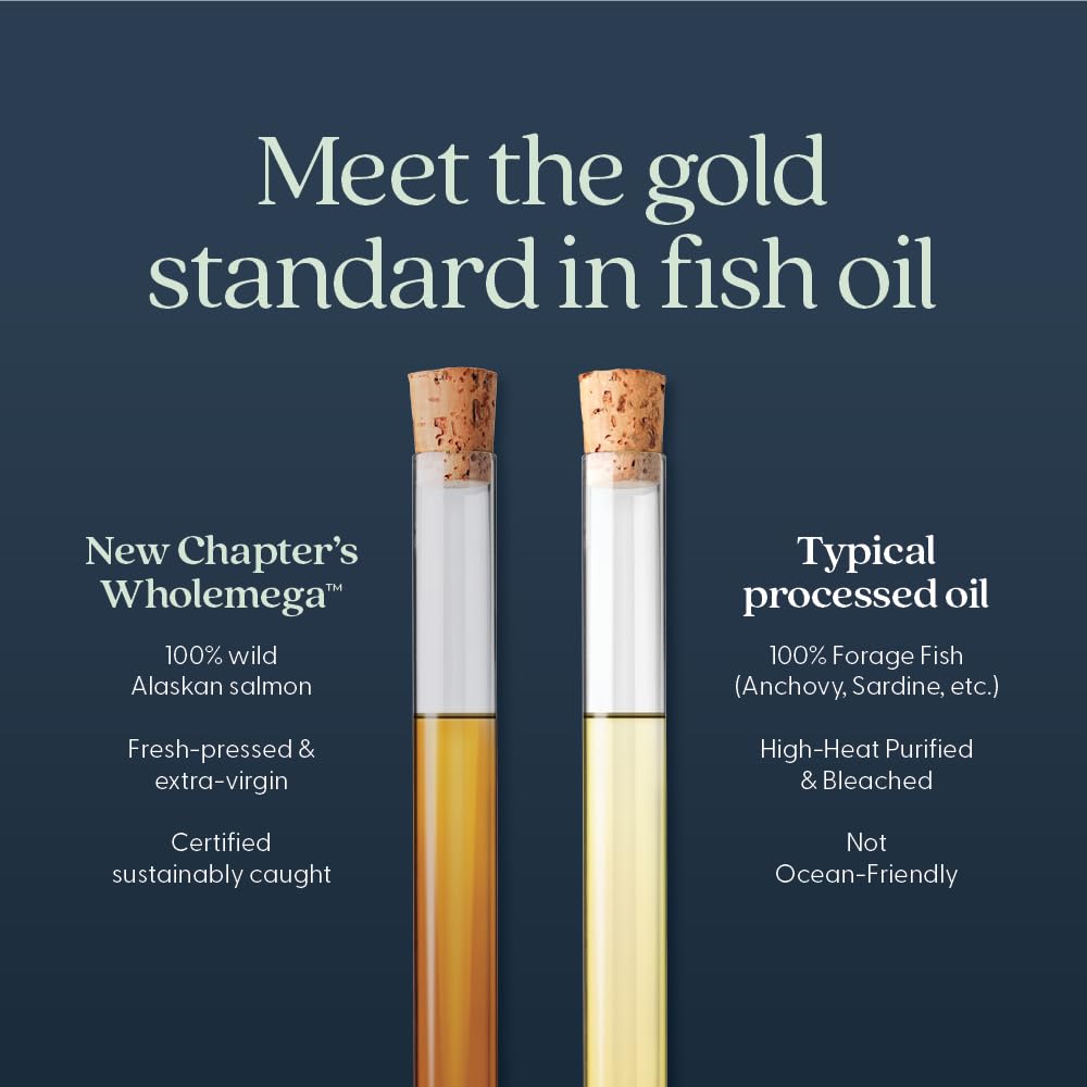 New Chapter Wholemega Fish Oil Supplement - 2000mg per Serving, Clinically Proven Wild Alaskan Salmon Oil with Omega-3 + Vitamin D3 + Astaxanthin, 120 Softgels